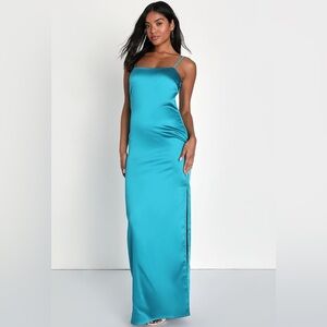 NWT - Lulus Easy Radiance Teal Satin Slip Maxi Dress